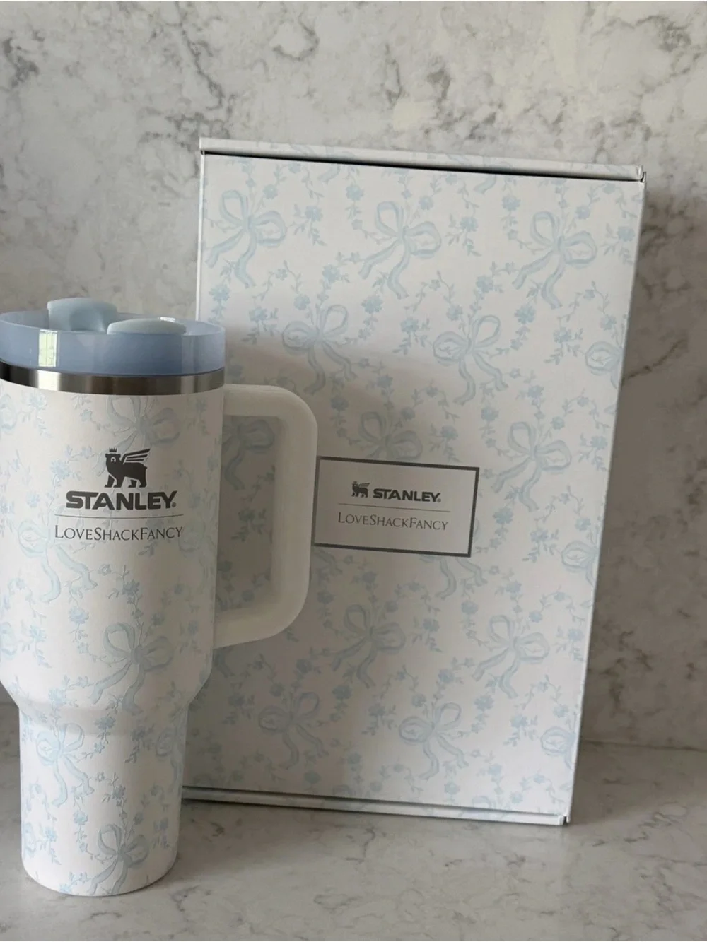 Stanley Pale Blue Floral Quencher Tumbler with Bow Straw